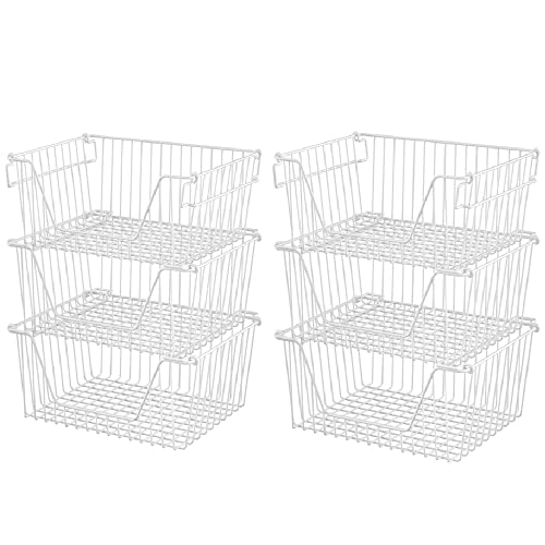 Slideep 14'' Large Metal Wire Storage Organizer Bin Basket Farmhouse Decor Stackable Storage Organizer for Pantry Home Bathroom Kitchen Organization White - 6 Pack - Image 1