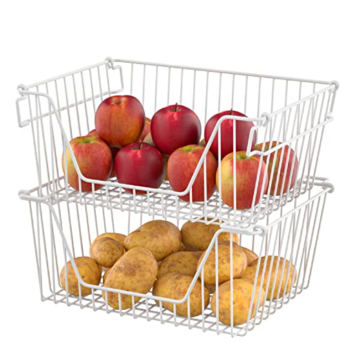 Slideep 14'' Large Metal Wire Storage Organizer Bin Basket Farmhouse Decor Stackable Storage Organizer for Pantry Home Bathroom Kitchen Organization White - 6 Pack - Image 3
