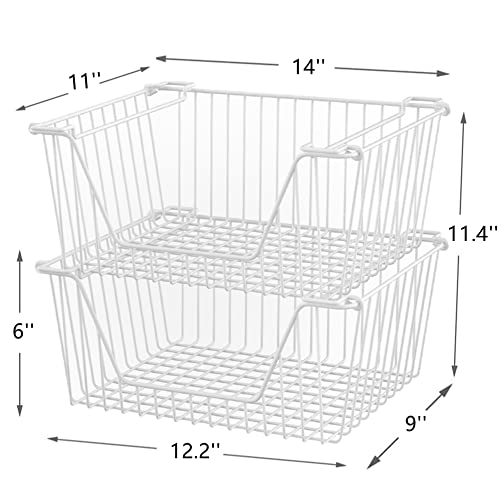 Slideep 14'' Large Metal Wire Storage Organizer Bin Basket Farmhouse Decor Stackable Storage Organizer for Pantry Home Bathroom Kitchen Organization White - 6 Pack - Image 4