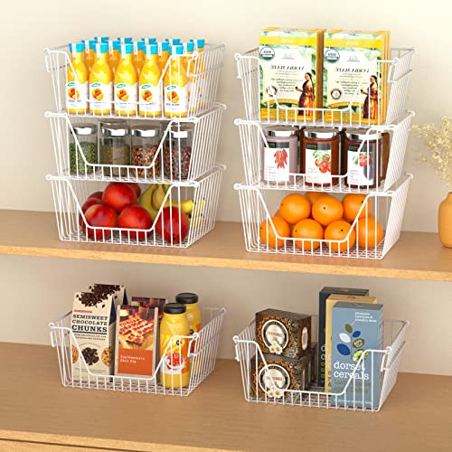 Slideep 14'' Large Metal Wire Storage Organizer Bin Basket Farmhouse Decor Stackable Storage Organizer for Pantry Home Bathroom Kitchen Organization White - 6 Pack - Image 5