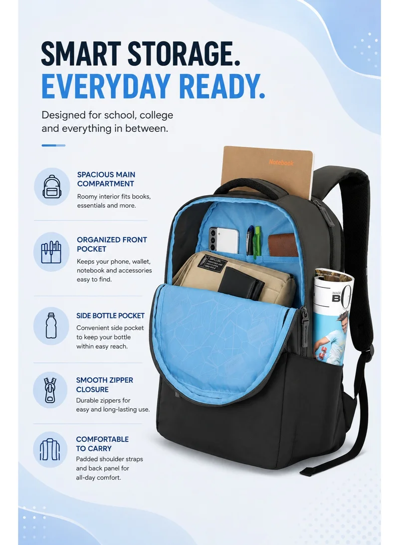 American Tourister Black Bounce Backpack 27L Capacity, Polyester, Black|15.6" Laptop Compartment|Front Pocket Compartment|Adjustable Padded Straps|Humidity Resistance|Bottle Holder|Ergo Back & Shoulder - 1 Year International Warranty  | Best Price UAE
