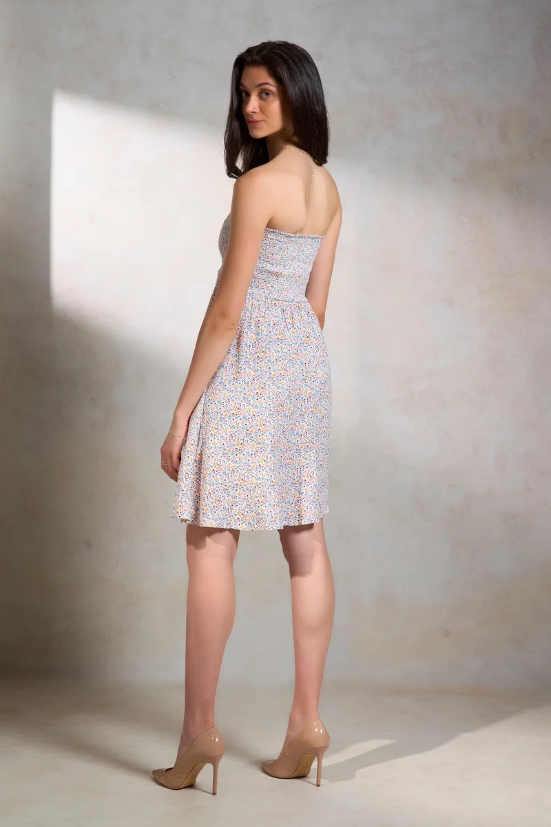 Virgio Virgio Floral Printed Shoulder Straps Smocked Fit & Flare Dress