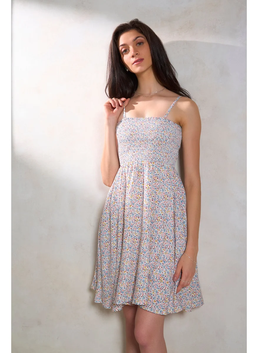 Virgio Virgio Floral Printed Shoulder Straps Smocked Fit & Flare Dress