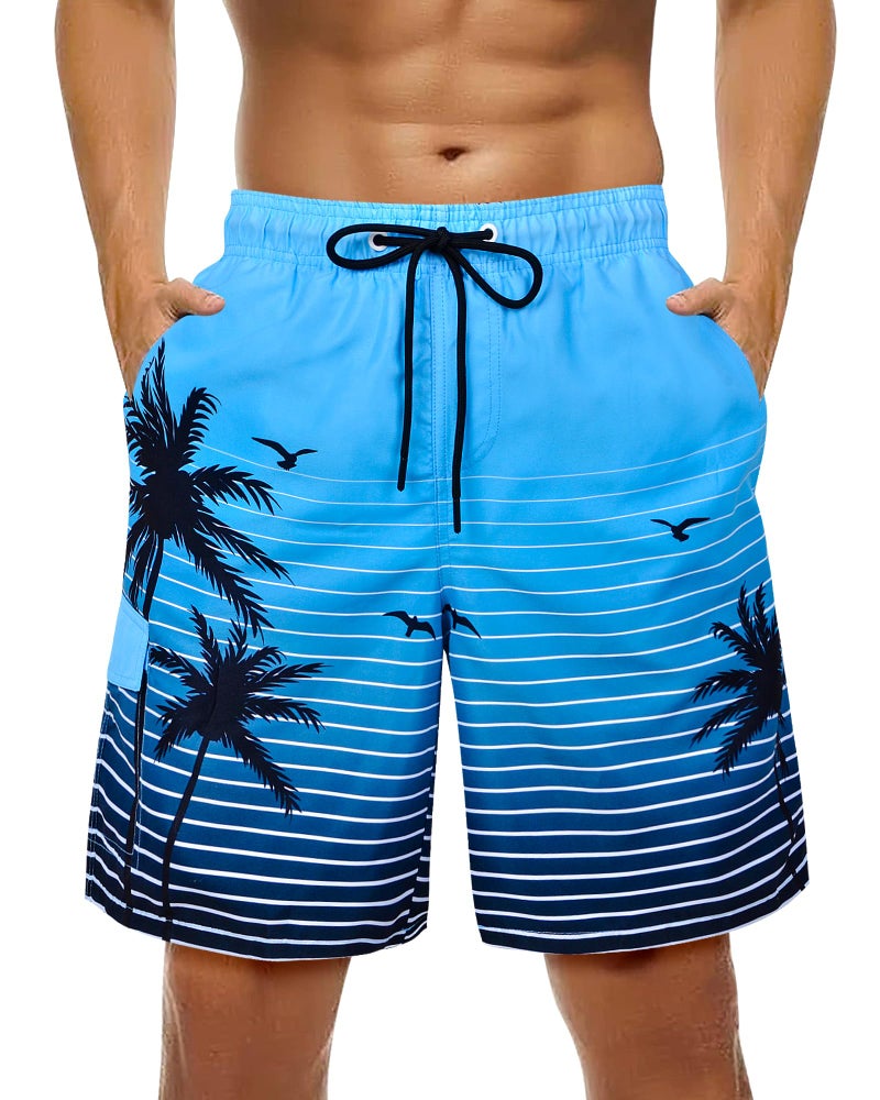 OlyPegic Mens Swim Trunks Bathing Suit Mens Swimsuit Swimwear Beach Shorts Quick Dry Coconut Tree Swim Trunks 9 Inch Mesh Lining with Zipper Pock - Image 1