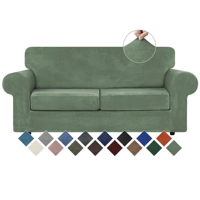 WEERRW Velvet Couch Covers for 2 Cushion Couch Sofa  High Stretch Velvet Plush 3 Pieces Sofa Slipcovers with Elastic Bottom Furniture Protector for Pets Machine Washable Greyish Green Medium