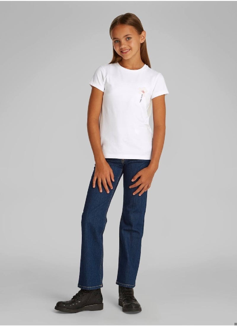 Calvin Klein Jeans Girls' Slim Flower Appliqué T-Shirt - Cotton, White  - Image 1