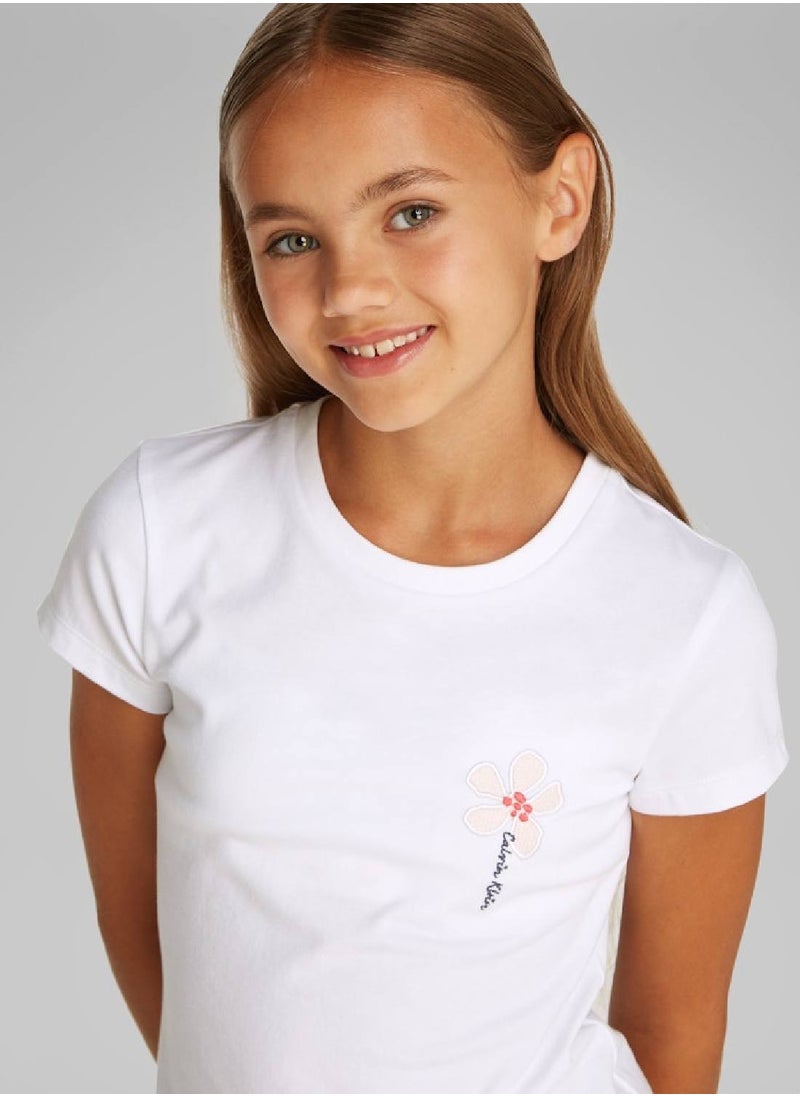 Calvin Klein Jeans Girls' Slim Flower Appliqué T-Shirt - Cotton, White  - Image 3