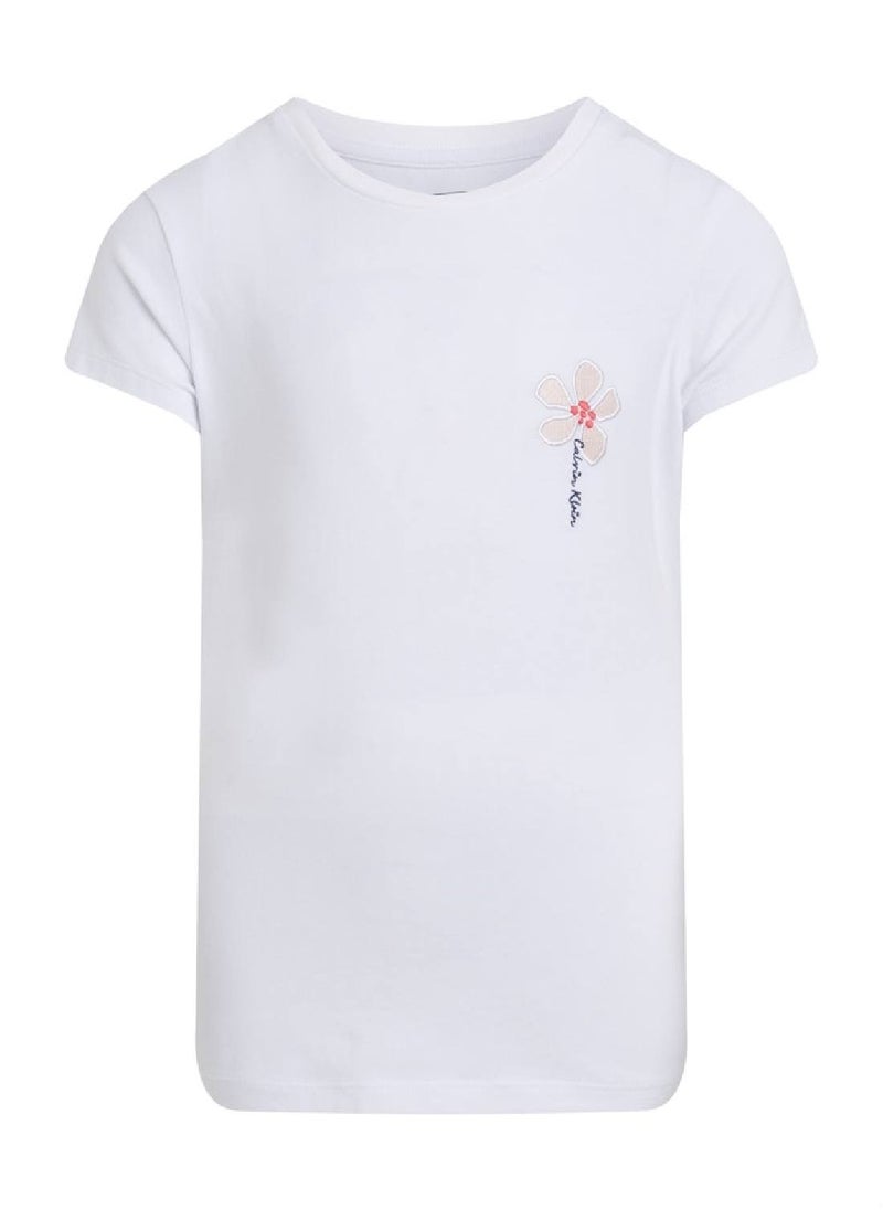 Calvin Klein Jeans Girls' Slim Flower Appliqué T-Shirt - Cotton, White  - Image 4