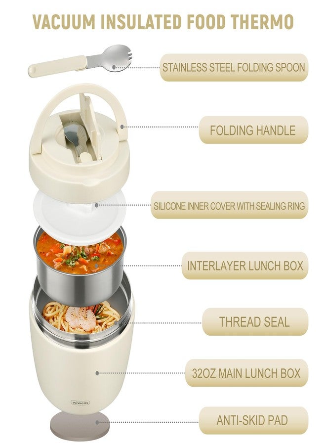 wiwens Thermo Food Jar for Hot Food Adults 32OZ Soup Thermo Lunch Containers Wide Mouth Vacuum Insulated Stainless Steel Leakproof Bento Box with Spoon (Beige) - Image 2