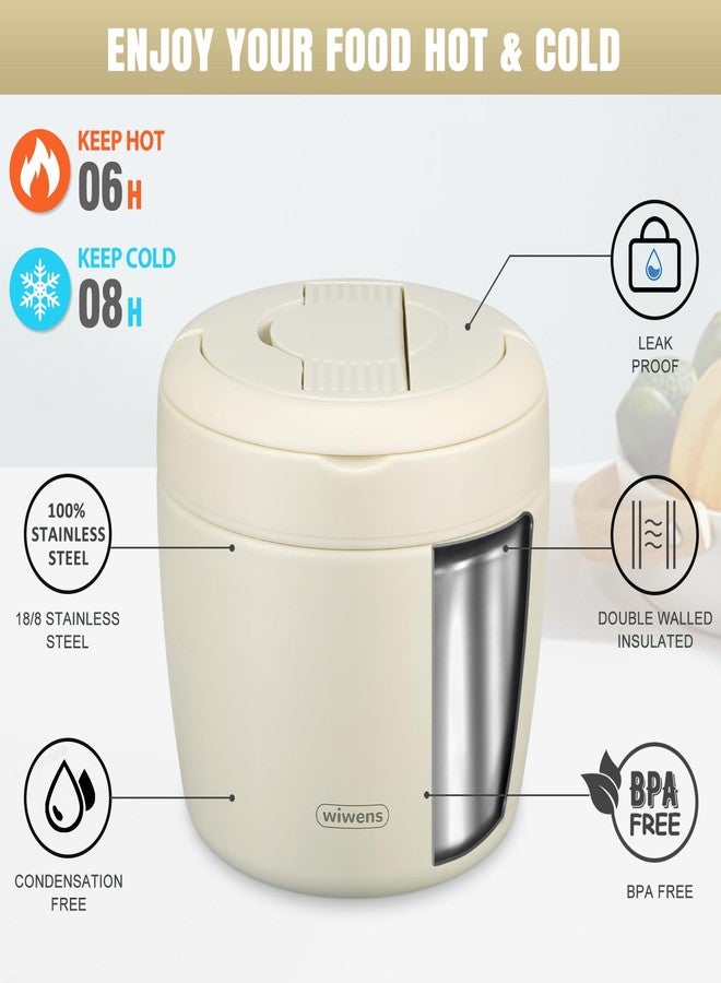 wiwens Thermo Food Jar for Hot Food Adults 32OZ Soup Thermo Lunch Containers Wide Mouth Vacuum Insulated Stainless Steel Leakproof Bento Box with Spoon (Beige) - Image 3