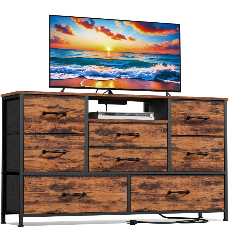 Furnulem Furnulem Bedroom Dresser TV Stand with 8 Drawers Long Chest of Drawers with Power Outlets Wood Desk Top  for Closet Living Room Wide Storage Fabric Bins Industrial Furniture Rustic Brown