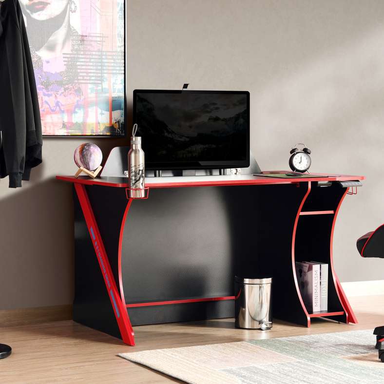 Pan Home Gaming Desk with Shelf in Red and Black