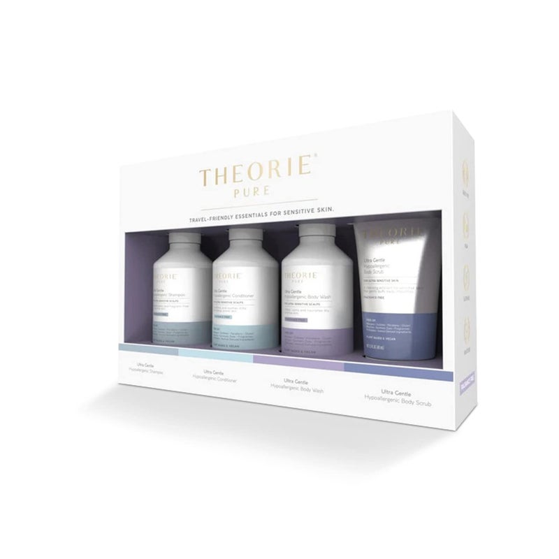 THEORIE PURE Travel Size Toiletries Set  Hypoallergenic Shampoo Conditioner Body Wash  Face Scrub  FragranceFree No Sulfates or Parabens  Clean Beauty Essentials for Hair  Skin