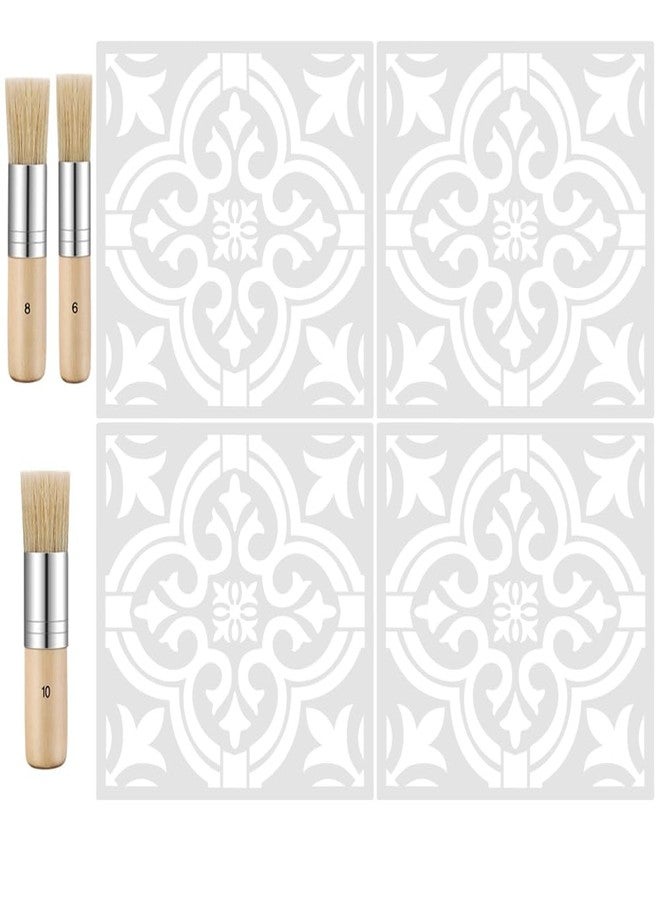 سورس تون مجموعة من 7 قوالب بلاط وفرش خشبية، قوالب جدارية ماندالا قابلة لإعادة الاستخدام من SourceTon مقاس 12 × 12 بوصة للرسم مع 3 فرش شعيرات - ديكور منزلي للأرضيات والجدران والخزائن - Image 1