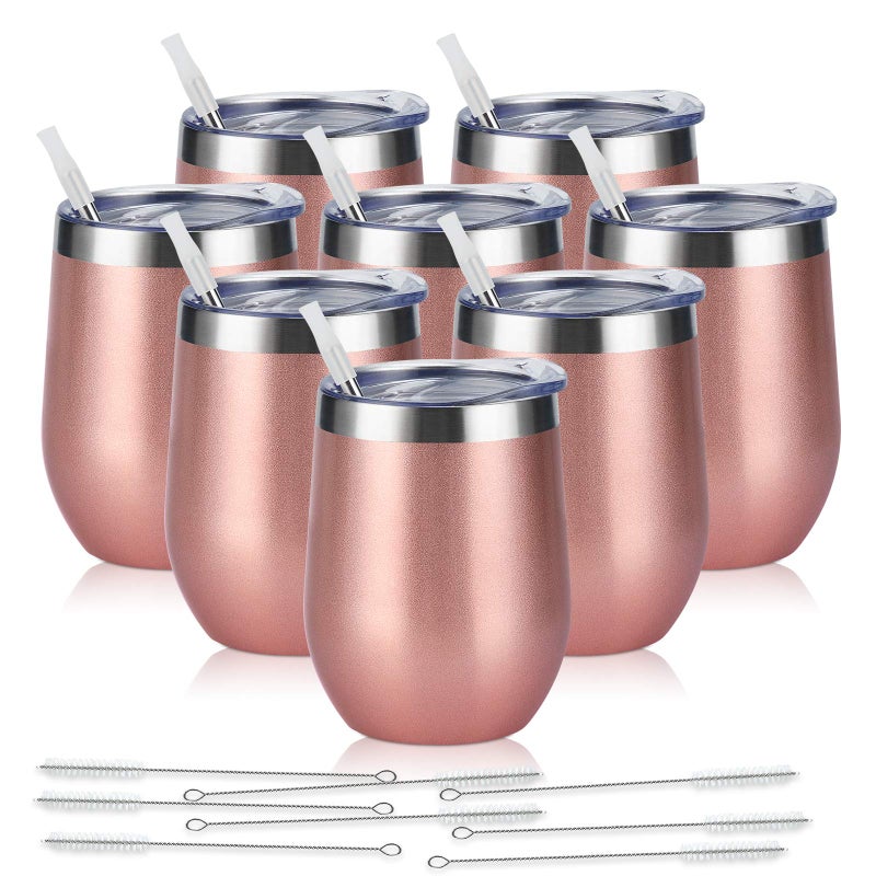 8 Pack 12Oz Stainless Steel Wine Tumblers Insulated Wine Tumbler Double Wall Insulated Wine Glass Stainless Steel Stemless Wine Cups with Lids for Coffee Wine Cocktails Champaign Rose Gold