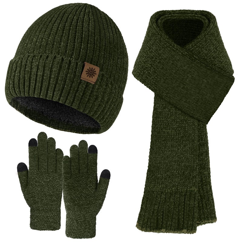 Pleneal Winter Chenille Hat Gloves Scarf Set for Women Men Warm Beanie Hats Touchscreen Gloves Thick Soft Scarf, Dark Green, One size - Image 1