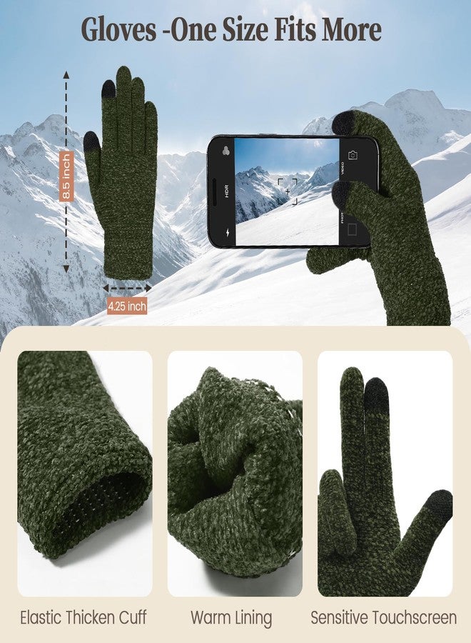 Pleneal Winter Chenille Hat Gloves Scarf Set for Women Men Warm Beanie Hats Touchscreen Gloves Thick Soft Scarf, Dark Green, One size - Image 5