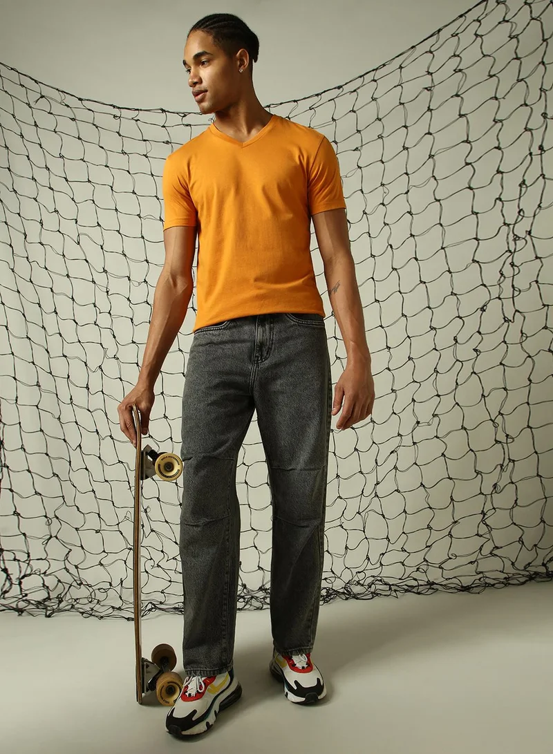 هوبرهولمي Men's Grey 100% Cotton Distressed Full Length Loose Fit Jeans