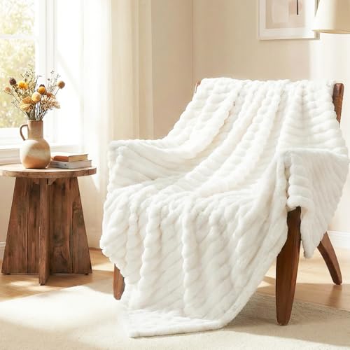 HIMEET Fleece Off White Throw Blanket for Bed 300GSM Ribbed Cozy Blanket for Couch Graduation Birthday Gifts for Women Men Her College Dorm Essentials Boho Aesthetic Room Throws 50x60 Inches - Image 3