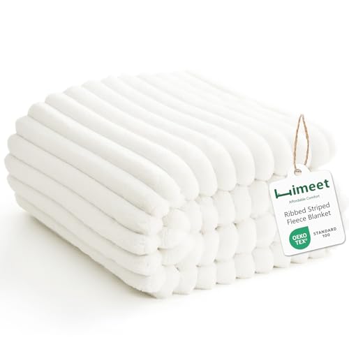 HIMEET Fleece Off White Throw Blanket for Bed 300GSM Ribbed Cozy Blanket for Couch Graduation Birthday Gifts for Women Men Her College Dorm Essentials Boho Aesthetic Room Throws 50x60 Inches - Image 1