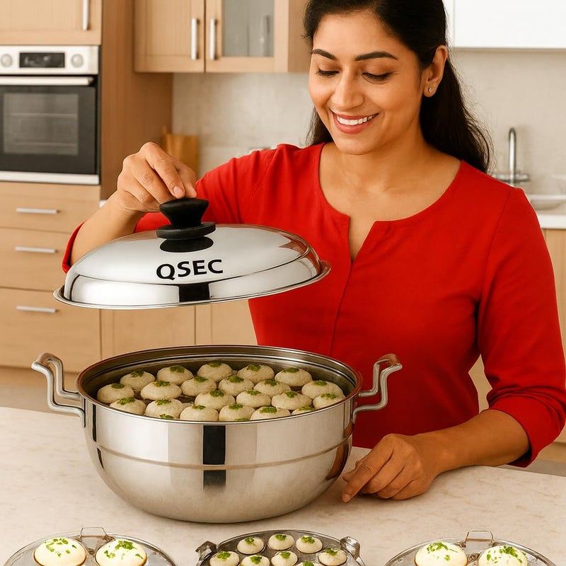 QSEC Triply bottom Idli maker Stainless Steel 4-in-1 Induction base Multi utility Kadai Idli Cooker All-in-One Big Size dhokla Cooker | 6 Plate 2 Idli | 1 mini idli 2 Dhokla 1 Patra Momo Steamer - Image 3