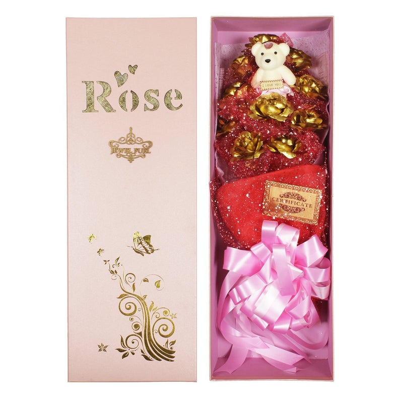 JEWEL FUEL JEWEL FUEL Valentine gift for girlfriendvalentine gift for boyfriend special 10 Roses 1 Teddy Gold roses Bouquet with Gift Box Pink  - Image 1