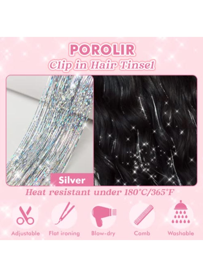 POROLIR خيوط شعر لامعة قابلة للتثبيت POROLIR 6 قطع إكسسوارات شعر لامعة بطول 20 بوصة خيوط شعر لامعة مقاومة للحرارة هدايا مهرجان للنساء والفتيات والأطفال فضي - Image 3