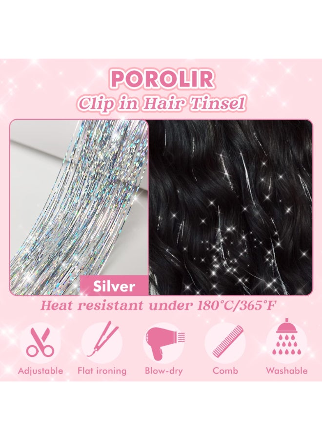POROLIR خيوط شعر لامعة قابلة للتثبيت POROLIR 6 قطع إكسسوارات شعر لامعة بطول 20 بوصة خيوط شعر لامعة مقاومة للحرارة هدايا مهرجان للنساء والفتيات والأطفال فضي - Image 4