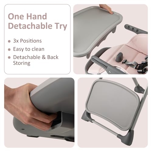 INFANS Baby High Chair, Convertible Quick Folding Portable Highchair for Babies and Toddlers with Adjustable Height Backrest Footrest 2 Wheels Removable Tray, Easy to Clean PU Seat (Pink) - Image 4