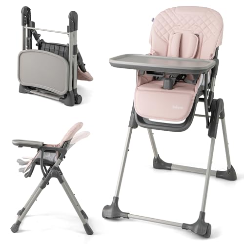 INFANS Baby High Chair, Convertible Quick Folding Portable Highchair for Babies and Toddlers with Adjustable Height Backrest Footrest 2 Wheels Removable Tray, Easy to Clean PU Seat (Pink) - Image 1