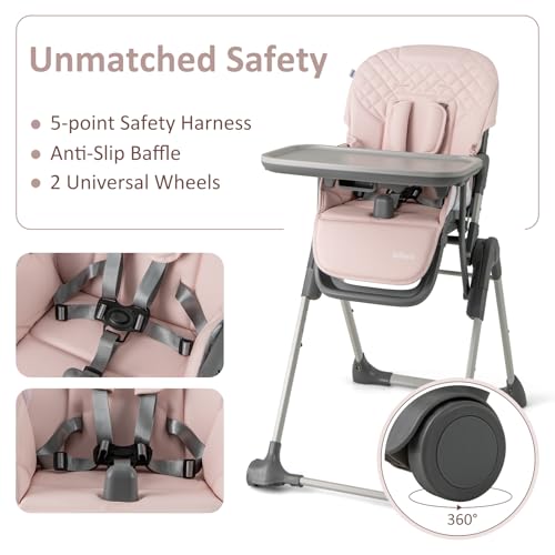 INFANS Baby High Chair, Convertible Quick Folding Portable Highchair for Babies and Toddlers with Adjustable Height Backrest Footrest 2 Wheels Removable Tray, Easy to Clean PU Seat (Pink) - Image 5