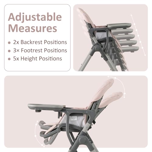 INFANS Baby High Chair, Convertible Quick Folding Portable Highchair for Babies and Toddlers with Adjustable Height Backrest Footrest 2 Wheels Removable Tray, Easy to Clean PU Seat (Pink) - Image 3
