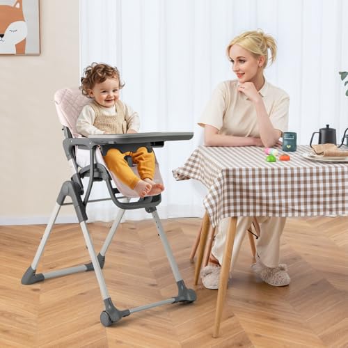 INFANS Baby High Chair, Convertible Quick Folding Portable Highchair for Babies and Toddlers with Adjustable Height Backrest Footrest 2 Wheels Removable Tray, Easy to Clean PU Seat (Pink) - Image 2