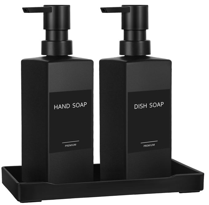 GMISUN KITCHEN SOAP DISPENSER SET HAND AND DISH SOAP DISPENSERS 12 FL OZ350 ML BLACK SOAP DISPENSER WITH TRAY GLASS DISH DISPENSER FOR KITCHEN LIQUID HAND SOAP AND LOTION BOTTLE SET FOR BATHROOM