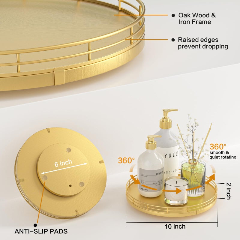 Oroyutor 10" Gold Lazy Susan for Table Top, Oak Wood Lazy Susan Turntable Organizer for Dining Coffee Table Centerpiece Bar Decor Kitchen Countertop Bathroom Vanity Decorative Tray for Perfume Jewelry Round - Image 5