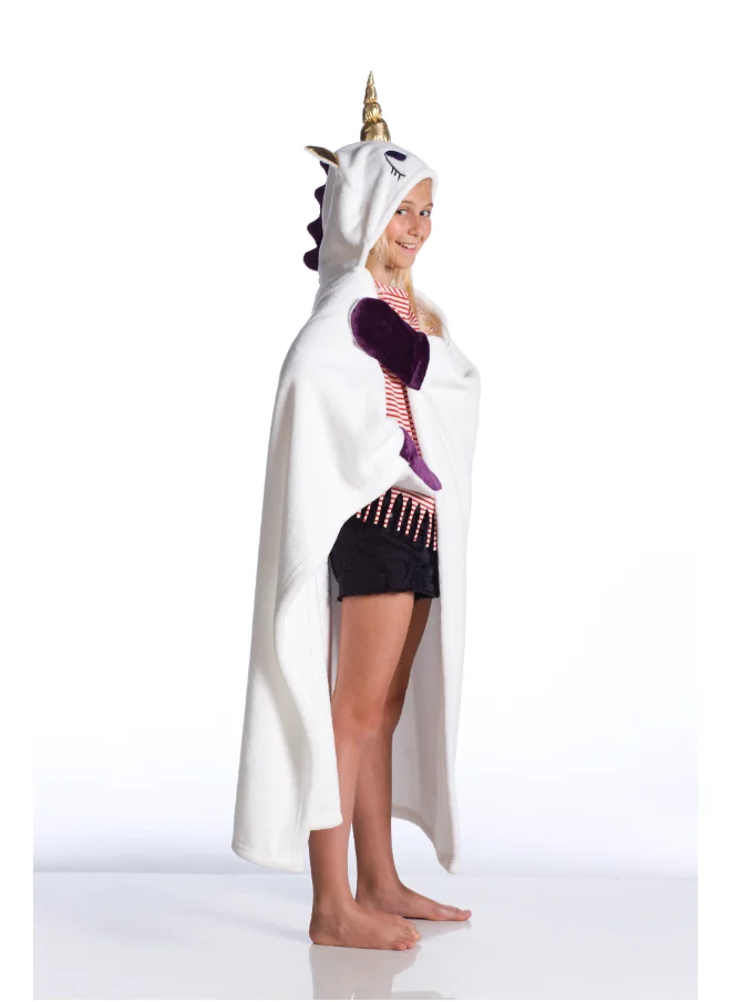 Kanguru Wearable Blanket | Wearable Fleece Blanket for Kids w/ Cape, Hood, Gloves, Soft, Comfy, Warm, Fun, Machine Washable, for Kids Teenagers size 100 x 130cm - White Unicorn