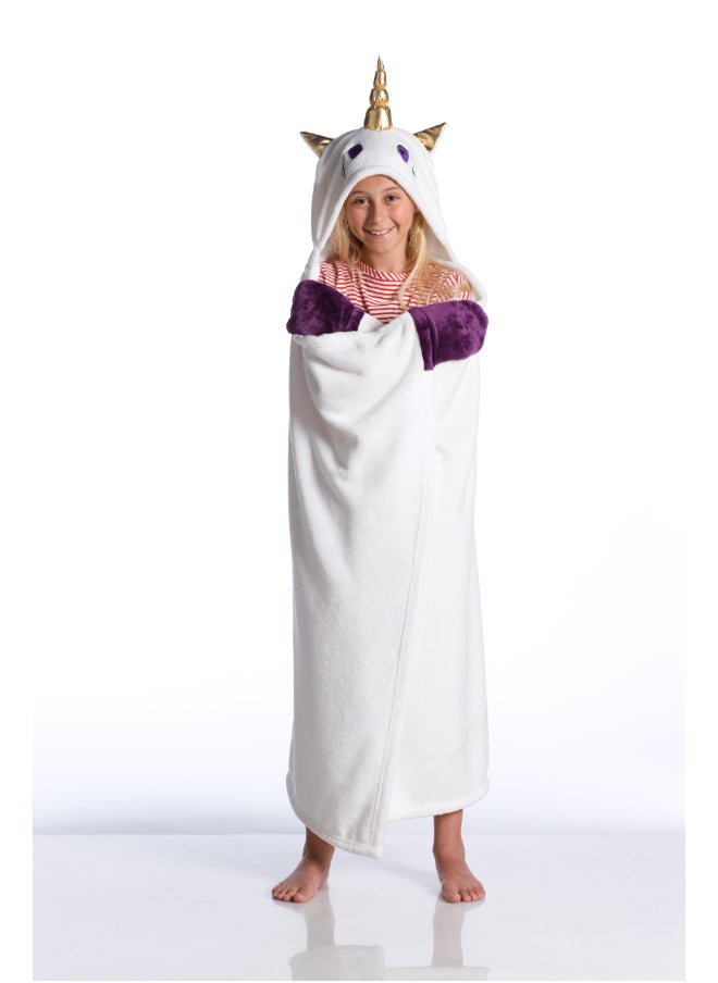 Kanguru - Wearable Blanket | Wearable Fleece Blanket for Kids w/ Cape, Hood, Gloves, Soft, Comfy, Warm, Fun, Machine Washable, for Kids Teenagers size 100 x 130cm - White Unicorn - Image 1