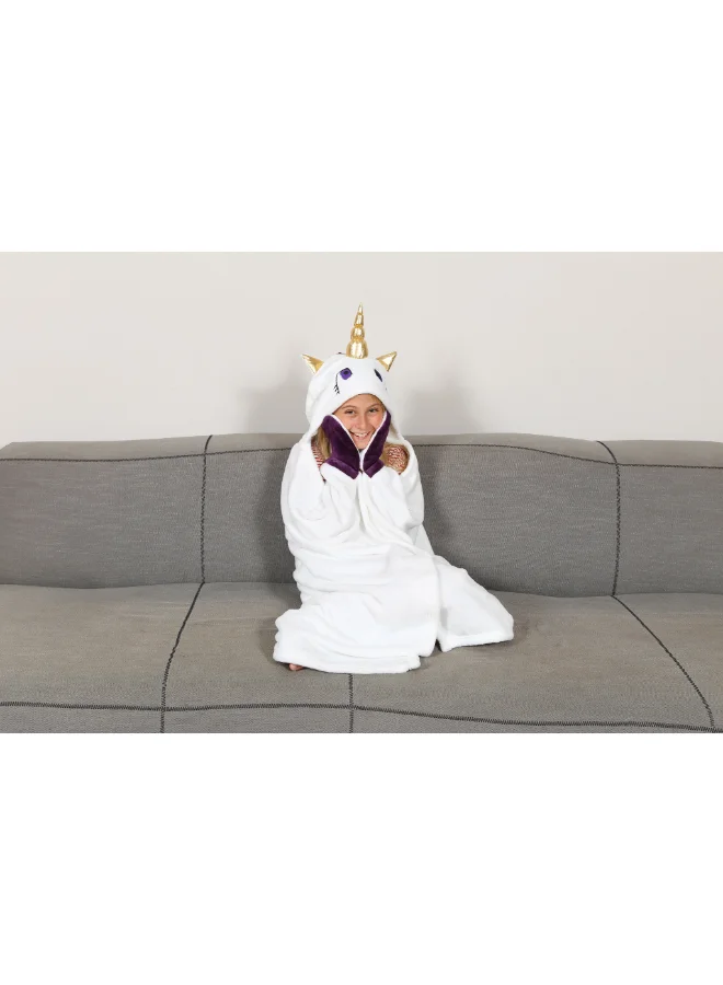 Kanguru Wearable Blanket | Wearable Fleece Blanket for Kids w/ Cape, Hood, Gloves, Soft, Comfy, Warm, Fun, Machine Washable, for Kids Teenagers size 100 x 130cm - White Unicorn