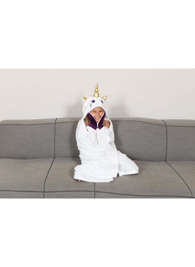 Kanguru - Wearable Blanket | Wearable Fleece Blanket for Kids w/ Cape, Hood, Gloves, Soft, Comfy, Warm, Fun, Machine Washable, for Kids Teenagers size 100 x 130cm - White Unicorn - Image 1
