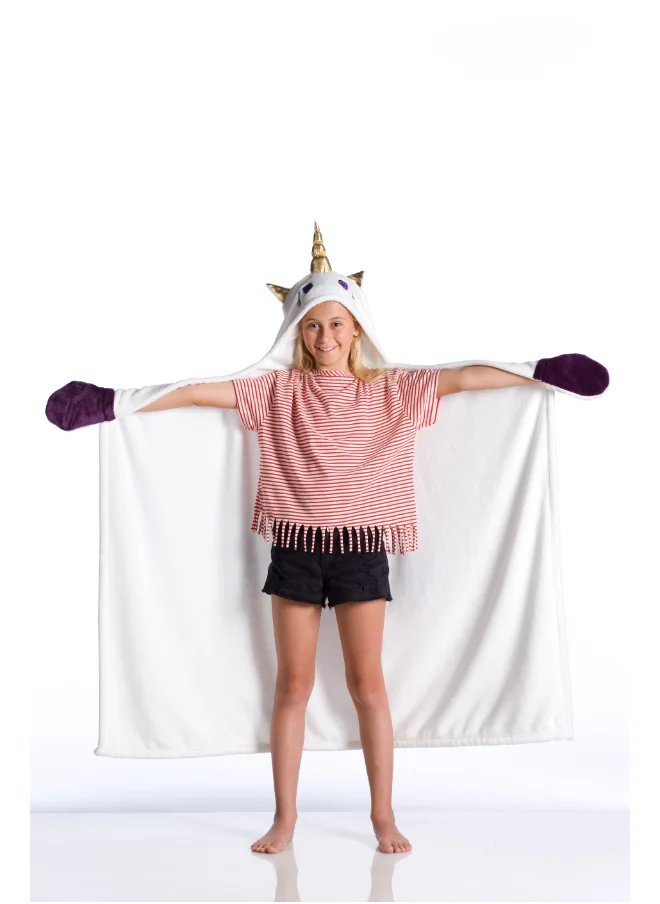 Kanguru Wearable Blanket | Wearable Fleece Blanket for Kids w/ Cape, Hood, Gloves, Soft, Comfy, Warm, Fun, Machine Washable, for Kids Teenagers size 100 x 130cm - White Unicorn