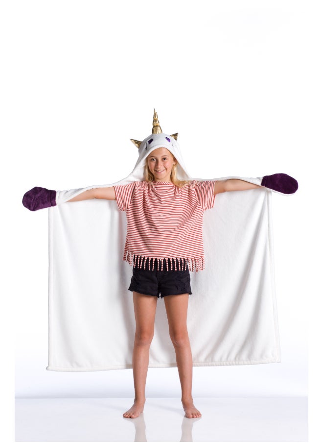 Kanguru - Wearable Blanket | Wearable Fleece Blanket for Kids w/ Cape, Hood, Gloves, Soft, Comfy, Warm, Fun, Machine Washable, for Kids Teenagers size 100 x 130cm - White Unicorn - Image 1