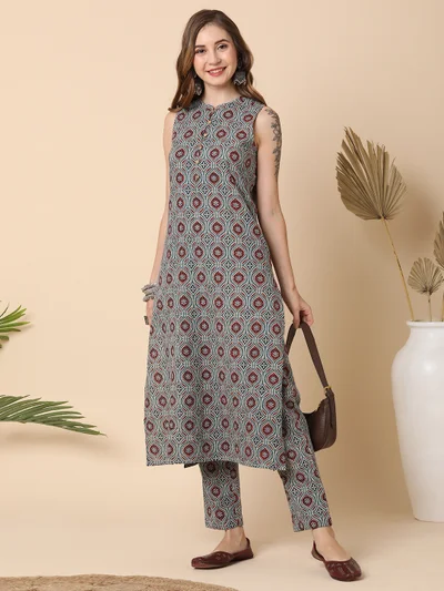 globus Women Teal All Over Printed Kantha Work A-Line Kurta With Narrow Pants