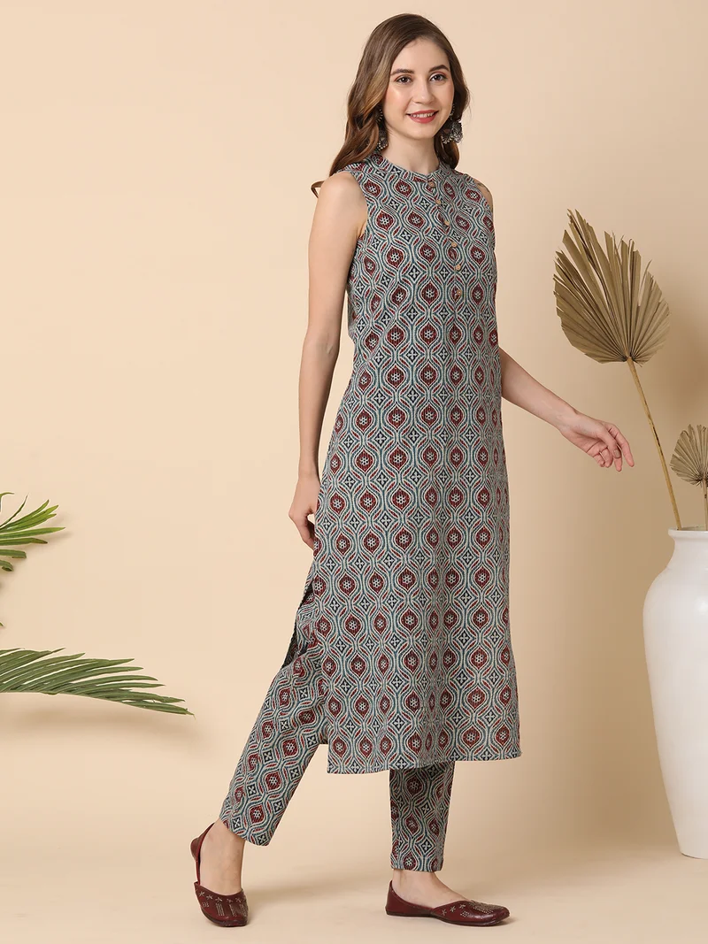 globus Women Teal All Over Printed Kantha Work A-Line Kurta With Narrow Pants