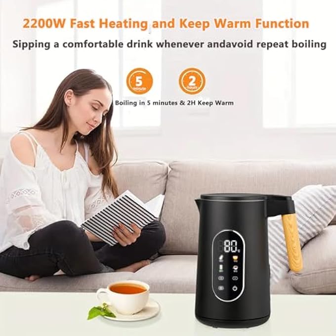 بيوينتي غلاية كهربائية بسعة 2200 واط غلاية ماء سريعة بسعة 17 لتر من الفولاذ المقاوم للصدأ مع 4 أنظمة تحكم في درجة الحرارة لشاشة LED لمس سخان ماء مزدوج الجدار ومضاد للحروق بساعتين للحفاظ على دفئه في المنزل - Image 4