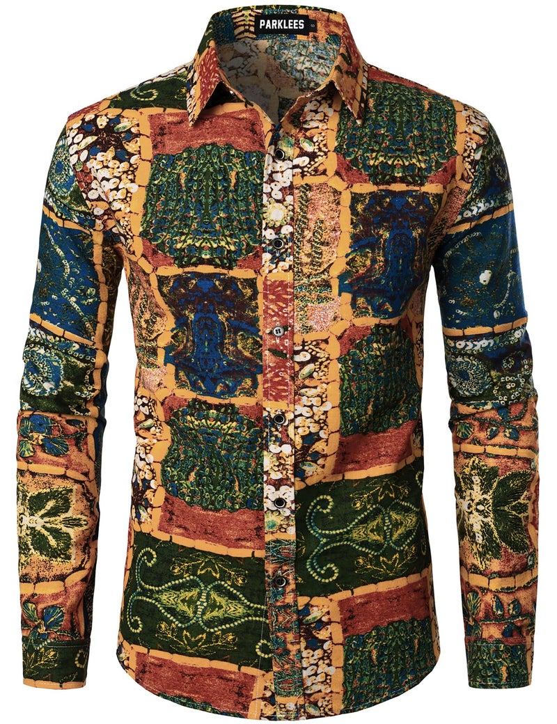 PARKLEES Men's Cotton Linen Retro Hippie Traditional Style Pattern Printed Long Sleeve Button up Shirt Yellow Green Large - Image 1