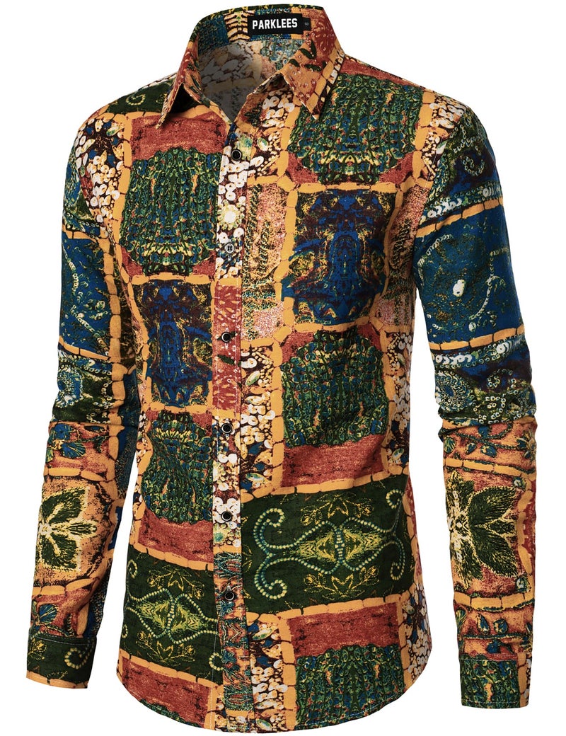 PARKLEES Men's Cotton Linen Retro Hippie Traditional Style Pattern Printed Long Sleeve Button up Shirt Yellow Green Large - Image 2