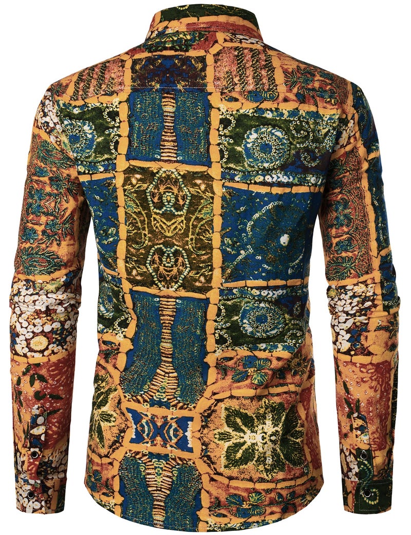 PARKLEES Men's Cotton Linen Retro Hippie Traditional Style Pattern Printed Long Sleeve Button up Shirt Yellow Green Large - Image 3
