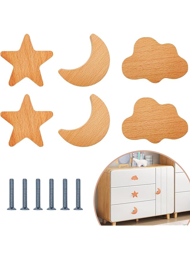 erorex 6Pcs Wooden Cabinet Knobs Star Moon Cloud Shape Wood Knobs For Nursery Room Kids Dresser Knobs Nursery Drawer Handles With Screws - Image 1