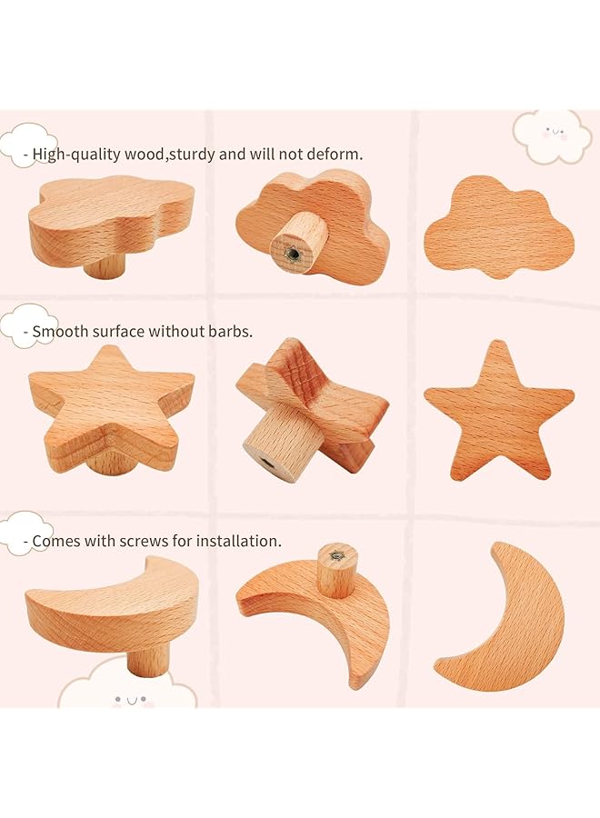 erorex 6Pcs Wooden Cabinet Knobs Star Moon Cloud Shape Wood Knobs For Nursery Room Kids Dresser Knobs Nursery Drawer Handles With Screws - Image 4
