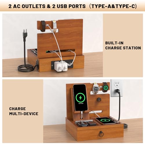 Zaldia Wood Phone Docking Station with USB Ports and Outlets, Nightstand Organizer with Charging Station, Bedside Organizer with Drawer for Watch & Accessories, Christmas Anniversary Birthday Gifts for Men - Image 2